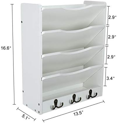 PAG-Mass 5-Tier Wall File Holder Hanging Mail Organizer Wood Magazine Literature Rack with 6 Hooks, White - Image 4