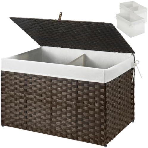 GREENSTELL Storage Basket with Lid, 27.7 Gallon(105L) Lagre Wicker Blanket Storage Basket with Handles, Foldable, 2 Removable Liner Bags, Metal Frame, for Bedroom, Laundry Room, Brown by Greenstell