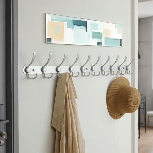 Dseap Coat Rack Wall Mount - 38” Long 10-Tri-Hooks Heavy Duty Coat Hanger Rail Wall Hooks for Hanging Coats Hats Clothing Clothes Purse Mudroom Entryway, Silver - Image 3