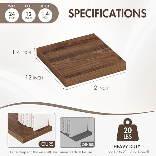 Acovy 12 Inch Floating Shelves, 12" Deep Floating Shelf Wall Mounted, 12" Wall Shelves, Rustic Deep Bookshelf, Extra Deeper Display Shelves & Storage Shelves for Bedroom, Living Room, Set of 3 - Image 4