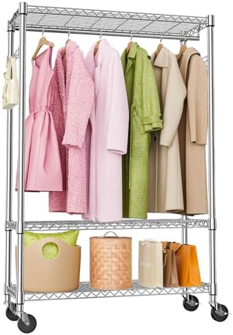 M MZG Heavy Duty Rolling Garment Rack 3 Tiers Adjustable Wire Shelving Clothes Rack with 1 Rods and Side Hooks,Storage Closet Clothing Rack with Wheels Chrome 15.7" D x 45.3" W x 75.6" H by MEIGAOPLASTICANDMETALHKCOLIMITED