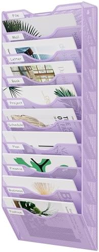 EasyPAG 10 Pocket Mesh Wall File Organizer, Hanging Paper Folder Holder with Classify Label, Vertical Wall Mount Mail Organizer for Office Home Classroom, Purple by EasyPAG
