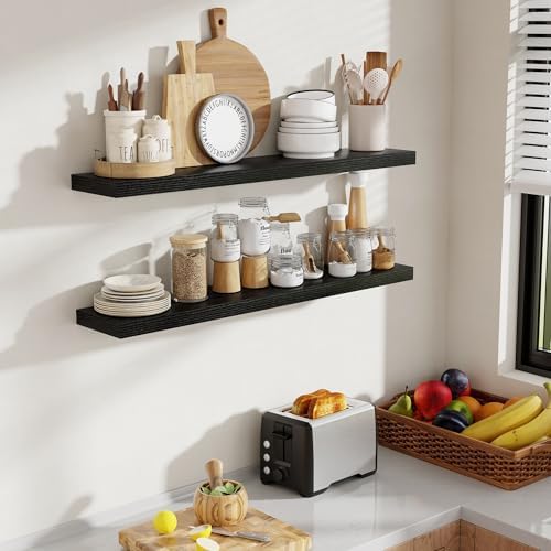 Acovy 40 Inch Floating Shelves, 8 Inch Deep Floating Shelves for Wall, Hanging Shelf with Invisible Brackets, Deep Shelves for Bathroom, Bedroom, Living Room, Black, Set of 2 - Image 2