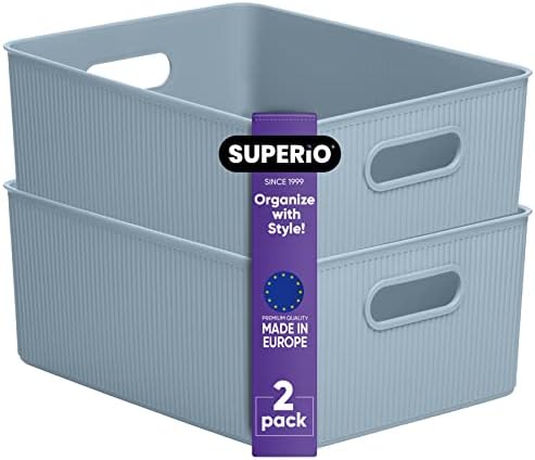 Superio Ribbed Collection - Decorative Plastic Basket Open Home Storage Bins Organizer, Large Blue (2 Pack) Container Boxes for Organizing Closet Storage Bins for Shelves 15 Liter/16 Quart by Superio