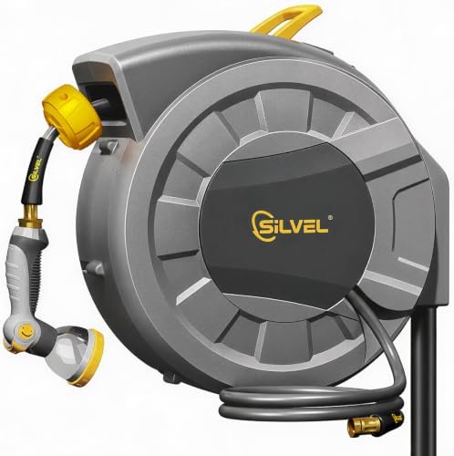 SILVEL Automatic Retractable Garden Hose Reel on Metal Spike, 1/2 in x 90FT Ground Mounted Outside, UV Resistant with 10 Pattern Nozzle, 360° Swivel, No Holes in Your House, Easy Installation, Yellow by SILVEL