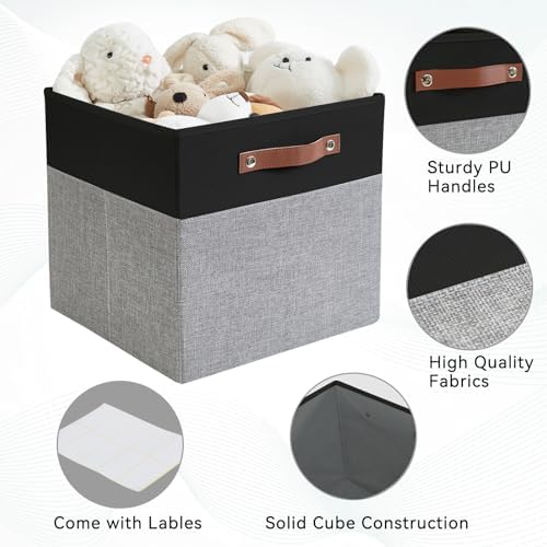 Bagnizer 13x15x13 Storage Cube Bins, Foldable Storage Organizer Baskets, Fabric Cube Storage Boxes with 2 Reinforced PU Handles for Kallax, Shelves, Living Room | 4 Pack, Black & Gray - Image 5