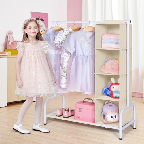 Univivi Kids Clothing Rack with Hanging Organizer, 43 Inch, Beige and White - Image 2