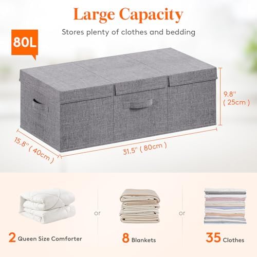 Lifewit 80L Under Bed Storage Containers, 9.8 Inch Tall Underbed Clothes Storage Organizer Bin with Sturdy Sidewalls, Bottom, 3 Lids, Deep Storage Drawer for Clothes, Shoes, Blankets, Pillows 3 Pack - Image 3