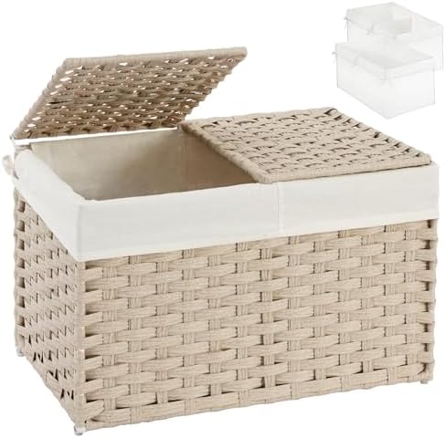 SETVSON Storage Basket with Lid, PE Rattan Storage Bin Light Khaki by SETVSON