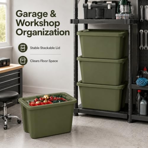 18 Gal Stackable Storage Tote with Lid, Plastic Container, Olive Green - Image 4