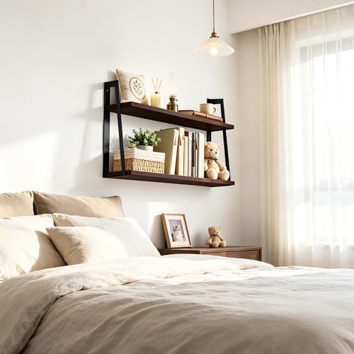 SRIWATANA Dark Walnut 2-Tier Floating Shelves, Wood Wall Storage Shelf Unit - Image 6