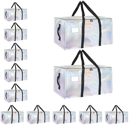 12 Pack-Extra Large Heavy Duty Moving Bags - Waterproof Storage Totes with Handles & Zippers, Foldable for College Dorm, Storage (Shiny Color) by Unknown