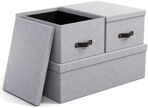 Bigso Box of Sweden Set of 3 Storage Boxes with Lids - Organiser Box for Clothes, Office Equipment and More - Wardrobe Storage Boxes with Labels for Bedding or Seasonal Clothing - Grey by Bigso