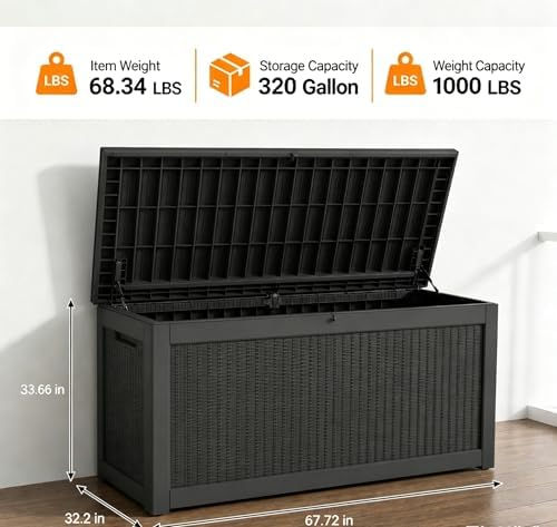 LAUSAINT HOME 320 Gallon Resin Deck Box, Package Delivery Box with Lockable Lid, Waterproof Outdoor Storage Box For Garden Tools, Patio Cushions(320 Gallon,Black) - Image 2