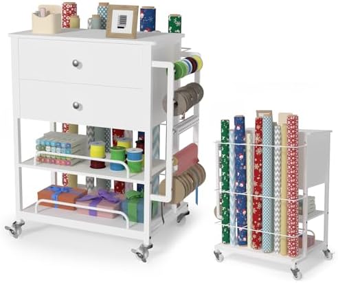 Wrapping Paper Storage & Organizer, Craft Cart with Ribbon & Gift Bag Storage, Wrapping Paper Organizer Holder(2 Wooden Drawers-White) by Anrigeail