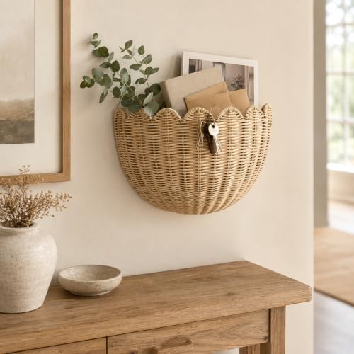 Set of 2 Scalloped Hanging Wicker Baskets for Wall, Scalloped Home Decor, Hanging Woven Rattan Wall Basket for Flowers Front Door Bathroom Storage (Imitation Rattan) - Image 5