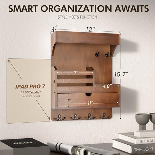 Rebee Vision Key Holder Wall Mount with Drawer Organizer for Entryway,Brown - Image 2