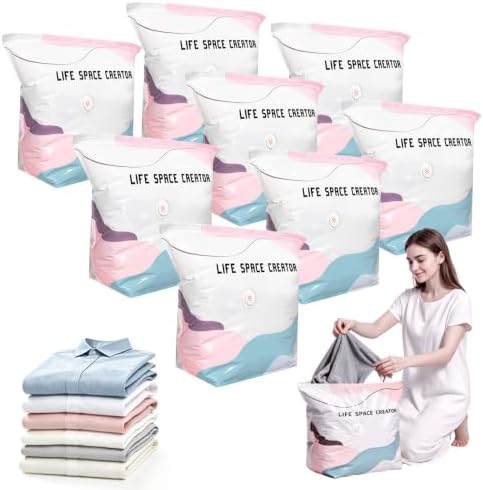 8PCS No Pump Vacuum Storage Bags, No Pump Large Vacuum Storage Compression Bags, Thick Airtight Reusable Organizer for Clothes Comforters Travel Moving Closet Storage (M) by Unknown