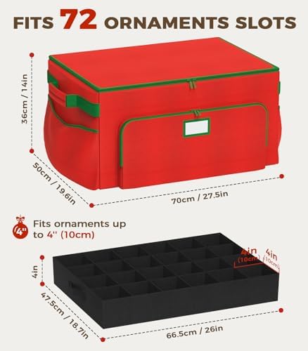 Ornament Storage Box, Large Christmas Ornament Storage Box, Stores 72 4'' Ornaments , Ornaments Storage Containers with 3 Trays, Durable and Portable, 600D Tear-Proof Material, Extra Pockets Red - Image 3