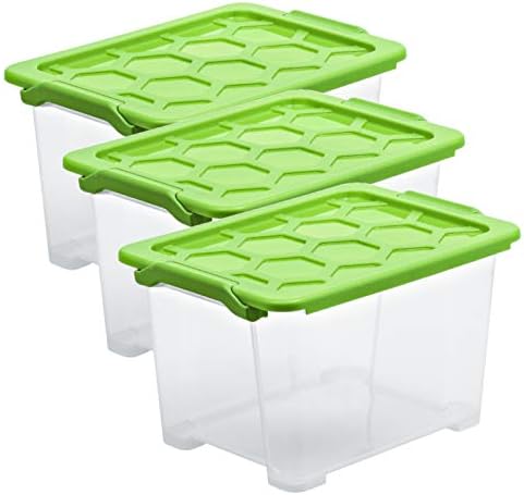 Rotho Evo Safe Keeping Set of 3 Storage Boxes 15 L with Lid, Food-Grade Plastic (PP) BPA-Free, Transparent/Green, 15 L (39.3 x 28.3 x 23.0 cm) by Rotho