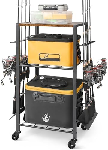 Olakee Fishing Rod Holders, Rolling Fishing Rod Rack for Garage & Boat, Tackle Box & Reel Holder Cart, Easy Assembly Fishing Gear Management System, Ideal Birthday Gift for Men Dad Anglers by Olakee