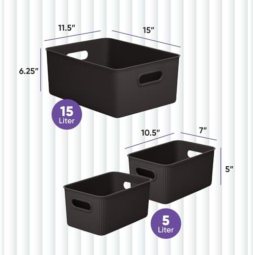 Superio Ribbed Collection - Decorative Plastic Basket Open Home Storage Bins Organizer, Brown (Set of 3) 1 Large, 2 Medium - Container Boxes for Organizing Closet Storage Bins for Shelves - Image 2