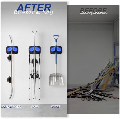 Ski & Snowboard Wall Mount, Fits Most Skis & Snowboards, Anti-Scratch & Non-Slip, Secure Hold Up to 25 lbs, Easy Install, Ski Holder with Pole Hooks, Space-Saving Garage Storage Ski Hanger, 6 Pack - Image 3