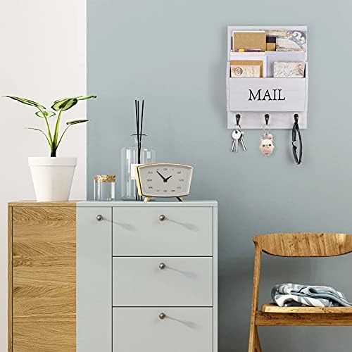 DLQuarts Solid Wood Mail Organizer with Key Holder for Wall, Mail Sorter Wall Mounted, Decorative Wooden Key and Mail Holder with 3 Hooks, Soft White - Image 3