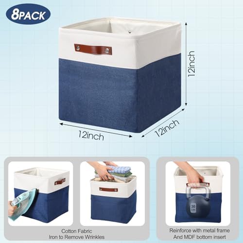 Uiifan 8 Pack 12 x 12 x 12 Inch Large Storage Baskets Collapsible Fabric Storage Cubes Bins with Handles for Shelves Closets Nursery Home Clothes Toys Organizers, Blue - Image 3