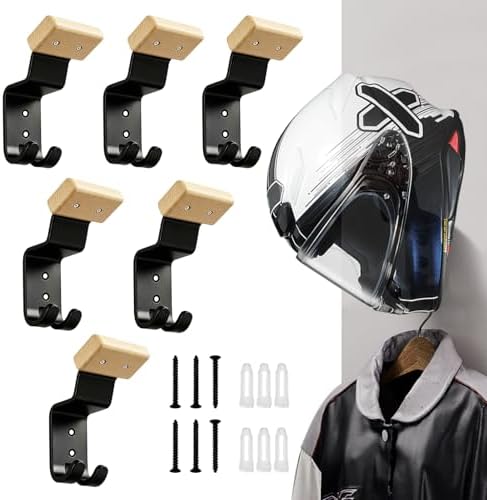 Motorcycle Helmet Holder Wall Mount - Heavy Duty Helmet Hanger Rack with 2 Key Hooks, Solid Wood & Strong Steel Design for Bike, Football, Skiing Sports Gear, Jackets & Hats (Yellow*6) by Unknown