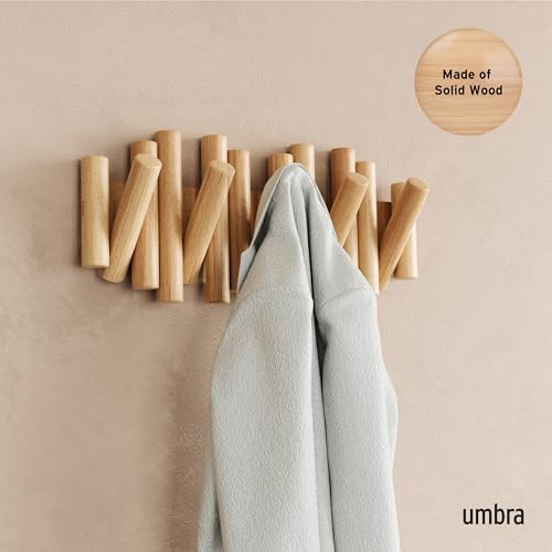 Umbra Picket Coat Rack, Wall Mount 5 Flip-Down Coat Hooks, Natural - Image 2