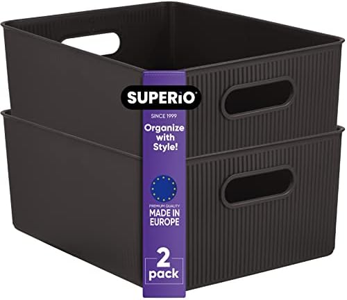 Superio Ribbed Collection - Decorative Plastic Basket Open Home Storage Bins Organizer, Large Brown (2 Pack) Container Boxes for Organizing Closet Storage Bins for Shelves 15 Liter/16 Quart by Superio