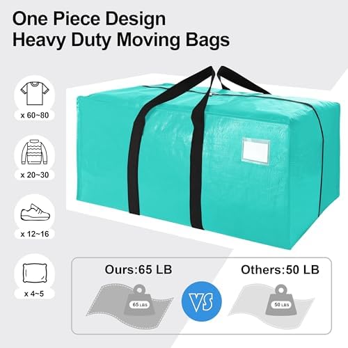 VELVETSURE 12 Pack Heavy Duty Large Moving Bags W/Backpack Straps - Strong Handles & Zippers, Storage Totes For Space Saving, Fold Flat, Alternative to Moving Box and Storage Bin, Aquamarine - Image 5