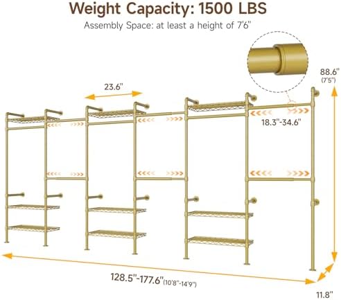 ONBRILL H6 Wall Mounted Closet System, Industrial Pipe Clothes Rack, Gold - Image 2
