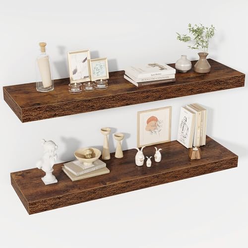 Acovy 40 Inch Floating Shelves, 12" Deep Floating Shelf Wall Mounted, 40" Wall Shelves, Rustic Deep Bookshelf, Extra Deeper & Thicker Display Shelves for Bedroom, Living Room, Brown, Set of 2 by Acovy