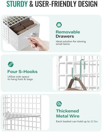Hanging Closet Organizer with Drawers, 4 Tier Metal Closet Organizers and Storage with 4 Hanging Hooks 4 S-Hooks for Wardrobe Laundry Room, Wire Storage Shelf for Clothes Sweaters Pants (White) - Image 3