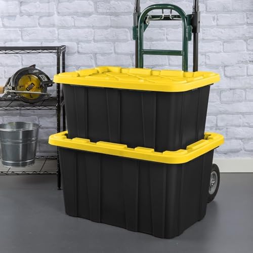 6-Pack Storage Bins Heavy Duty Stackable Industrial Tote 27-Gallon Plastic Container with Secure Snap-On Lids Design for Garage, Warehouse or Workshop Organization Black & Yellow - Image 7