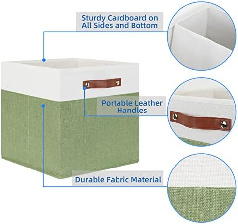 Temary 13 Inch Cube Storage Bin 4 Pack Fabric Storage Cubes Fabric Storage Bin for Shelf, Cube Storage Basket with Leather Handles(White&Green) - Image 3