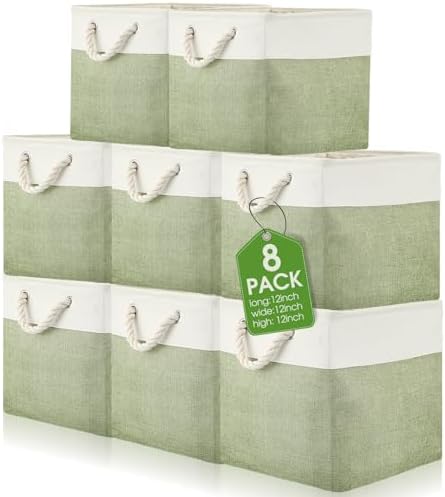 meekoo 8 Pack Fabric Storage Bins Baskets, 12 x 12 x 12 in, Green White by meekoo