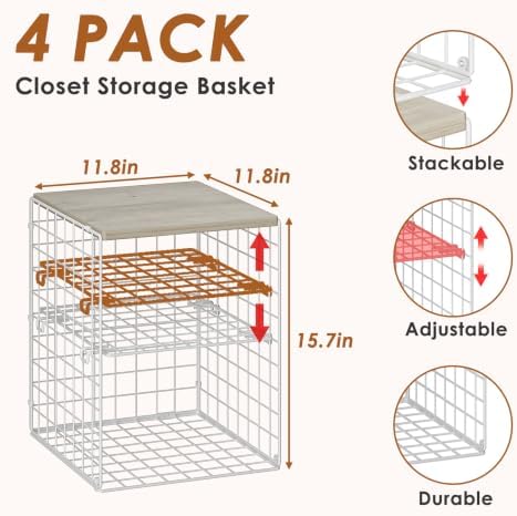 Hencawima 4 Pack Stackable Closet Organizers and Storage, Clothing Storage Shelves with Adjustable Dividers & Wood Top, Space-Saving Closet Organizer System, White - Image 2