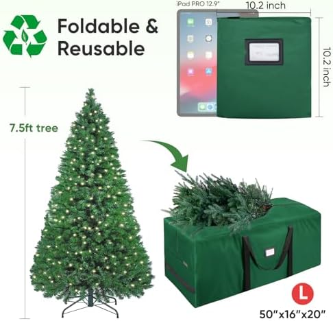 BALEINE 7.5 ft Christmas Tree Storage Bag, Heavy Duty 900D Oxford Fabric with Reinforced Handles and Dual Zippers Wide Opening, Extra Large Storage Container (Green) (Pack of 2) - Image 2