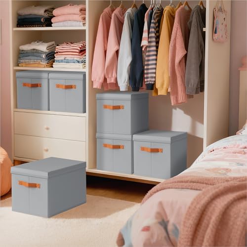 Homsorout Storage Bins with Lids - Large Fabric Closet Bins with Lid, 6 Pack Clothes Organizers and Storage, Collapsible Stackable Cube Basket for Home, Office, Dorm, Grey - Image 5