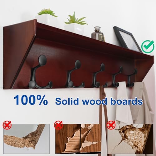 WEBI Wall Shelf with Hooks Underneath,35" Long Wall Mounted Coat Rack with Shelf,Entryway Coat Rack with 5 Triple Hooks for Hanging Coats,Jacket,Hallway,Bedroom,Mudroom,Cherry - Image 4