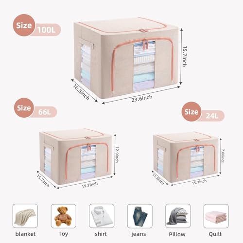 GuliPostan 3 Pack 100L Stackable Clothes Storage Bins with Metal Frame Handles & Zipper, Collapsible Closet Organizer Box with Lid for Bedding Blankets Towel (Beige) - Image 2