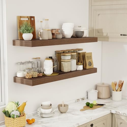 Acovy 48 Inch Floating Shelves, 12" Deep Floating Shelf Wall Mounted, 48" Wall Shelves, Rustic Deep Bookshelf, Extra Deeper & Thicker Display Shelves for Bedroom, Living Room, Walnut, Set of 2 - Image 2