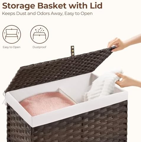 GREENSTELL Storage Basket with Lid, 27.7 Gallon(105L) Lagre Wicker Blanket Storage Basket with Handles, Foldable, 2 Removable Liner Bags, Metal Frame, for Bedroom, Laundry Room, Brown - Image 4
