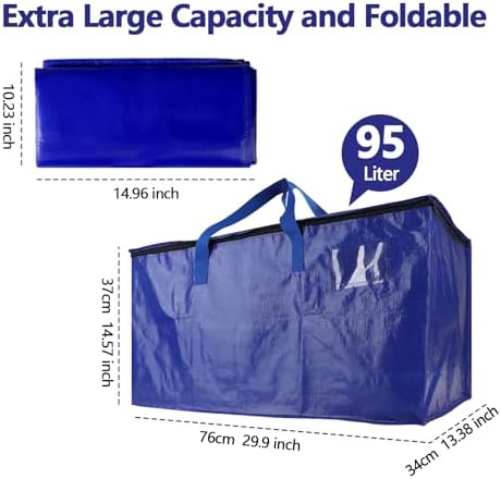 8 Pack Waterproof Moving Storage Bags, 100 lbs Extra Large Heavy Duty Totes with Reinforced Handles & Strong Zippers, Reusable Moving Box Alternative for Packing Moving Household Storage, 95L, Blue - Image 3