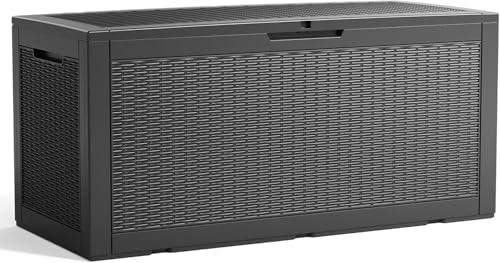 Vixzen 120 Gallon Deck Boxes Outdoor Waterproof, Resin Lockable Storage Box for Patio Cushions Storage Furniture, Garden Tools, Pool Supplies, Weatherproof and UV Resistant (Black, 120 Gallon) by Vixzen