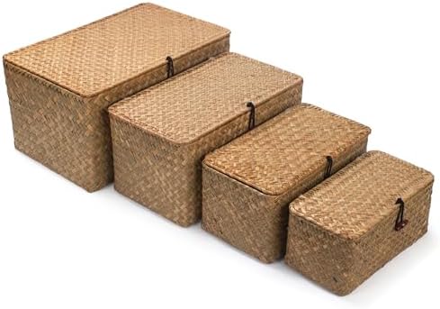 Wicker Basket with Lid, Seagrass Storage Basket, Woven Baskets for Storage, Decorative Storage Baskets for Shelf Organizing, Natural by XIMISISE