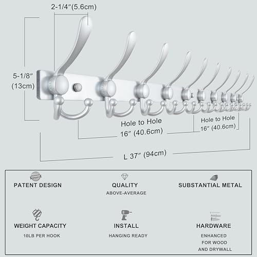 Dseap Coat Rack Wall Mount 37 Inch, Heavy Duty 12-Gauge Base vs Flimsy 1mm, Double-Thick Solid Anti-Snap Hooks, 16” Stud-Mount, Stainless Steel 10-Hook Hanger for Closet Entryway, Silver - Image 7